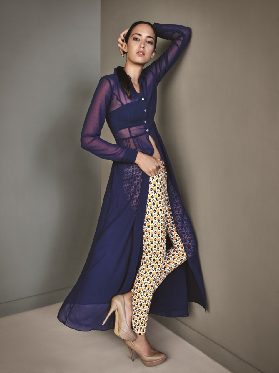 Sheer navy flyaway maxi and retro denims by AND