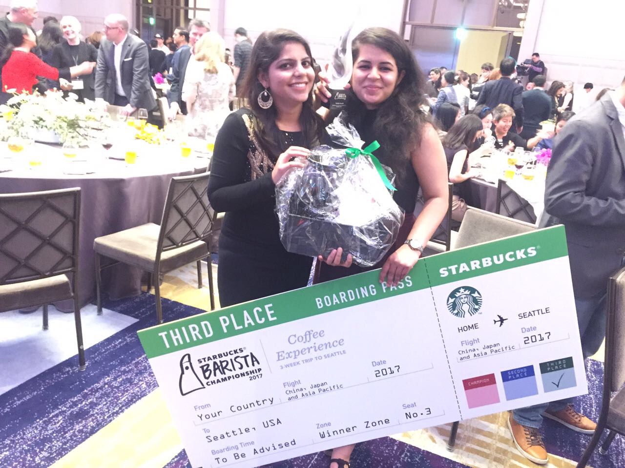 Geetu Mohnani with her ticket to the Starbucks Coffee Hub in Seattle